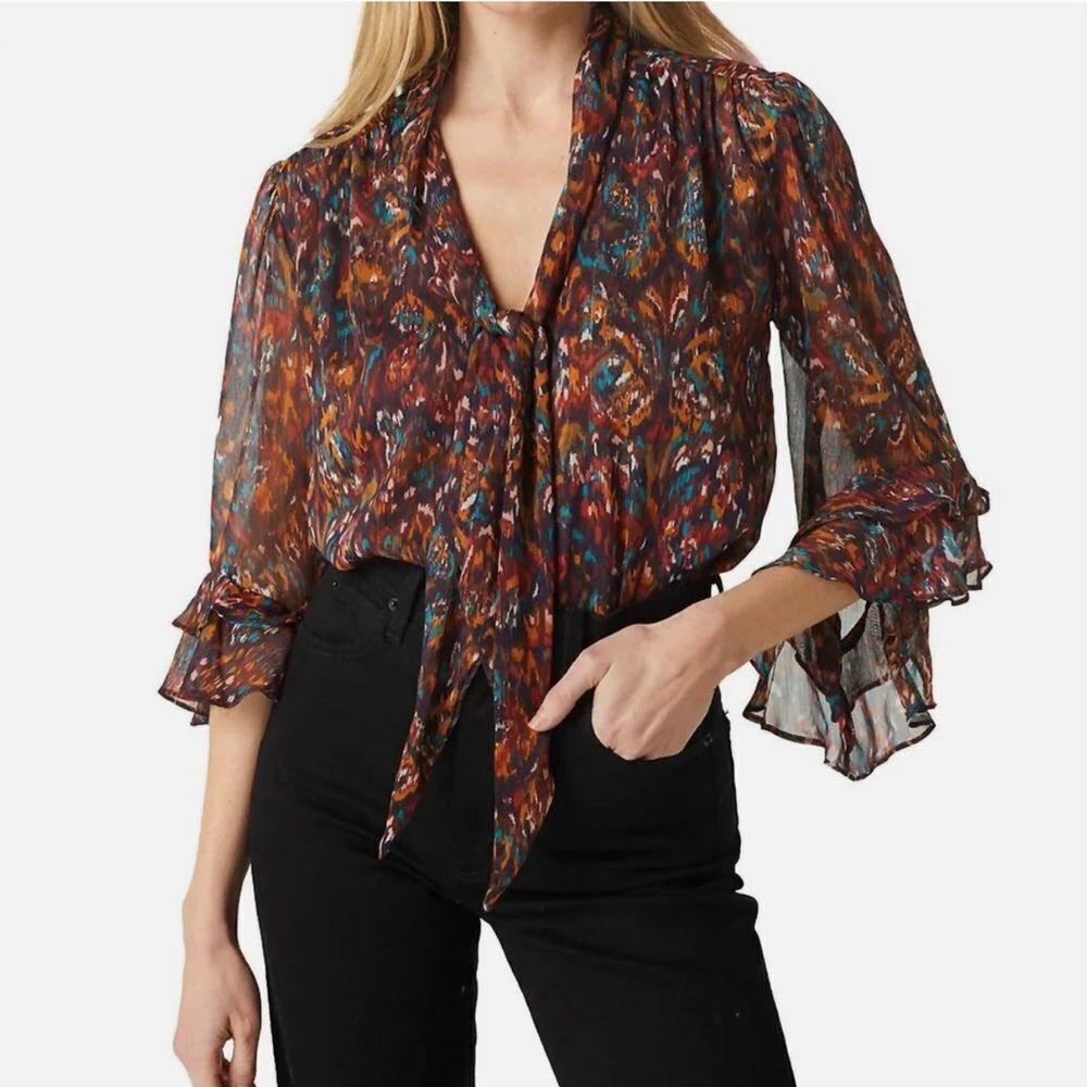 MISA Los Angeles Gigi Top In Peacock Abstract NEW Size XL Chiffon Bell Sleeve